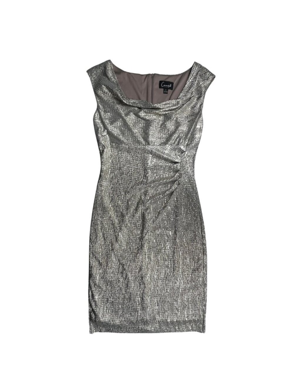 Connected Apparel Metallic Silver Draped Cocktail Dress Women's Size 6